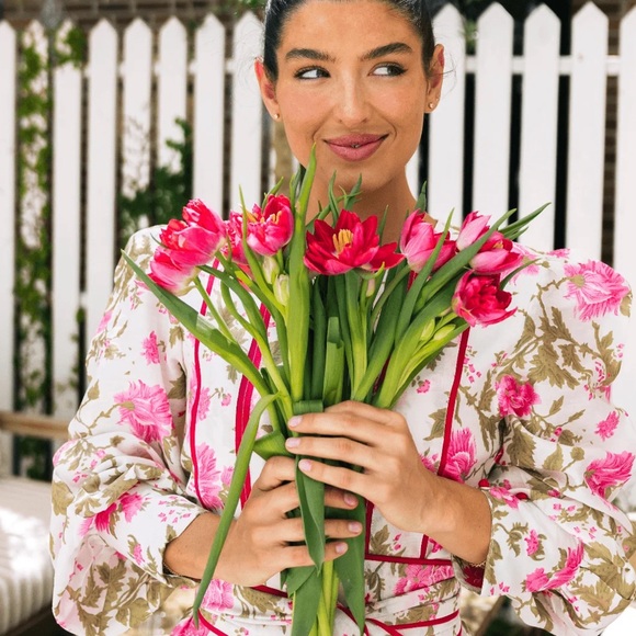 Sue Sartor Athénée Dress Deep Pink/Ivory Floral Cotton Silk Chanderi - Picture 2 of 4